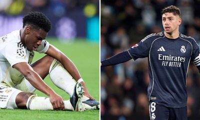 Split image featuring Aurelien Tchouameni looking dejected and Federico Valverde reacting.