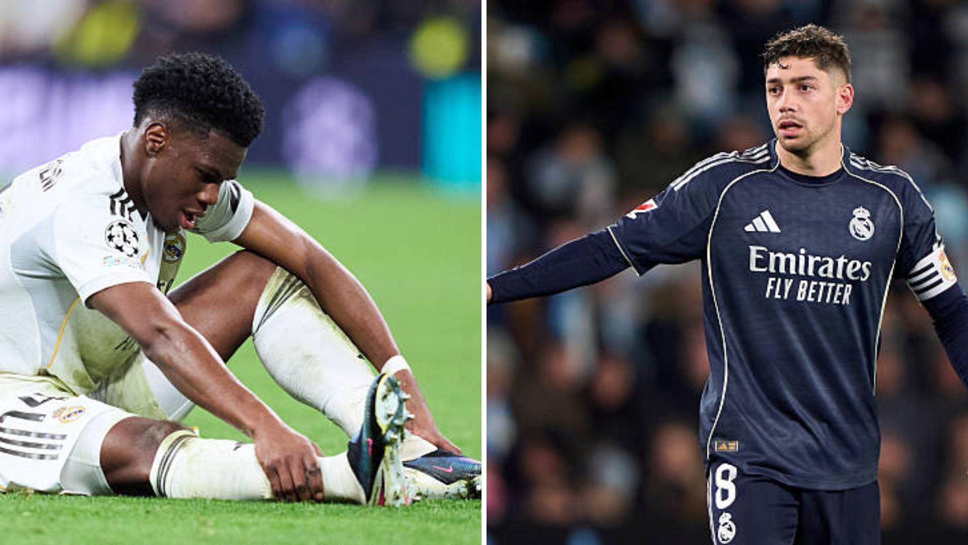 Split image featuring Aurelien Tchouameni looking dejected and Federico Valverde reacting.