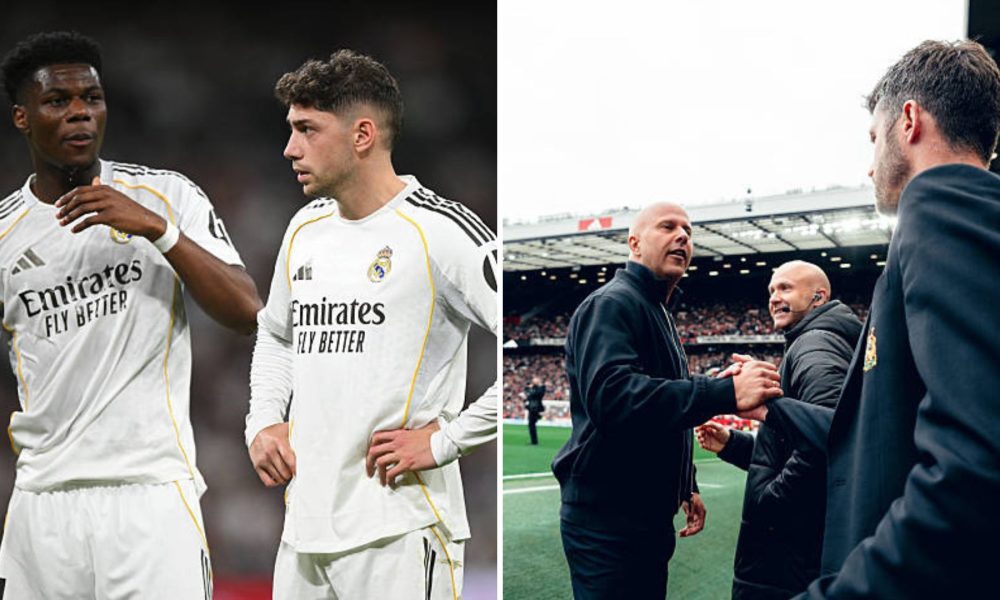 Split image featuring Federico Valverde and Aurelien Tchouameni and Arne Slot and Michael Carrick at Old Trafford.