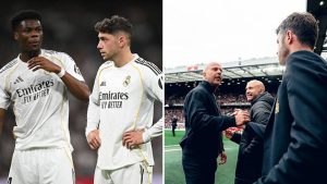 Split image featuring Federico Valverde and Aurelien Tchouameni and Arne Slot and Michael Carrick at Old Trafford.
