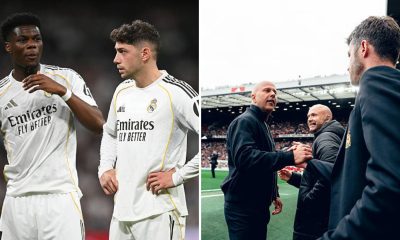 Split image featuring Federico Valverde and Aurelien Tchouameni and Arne Slot and Michael Carrick at Old Trafford.