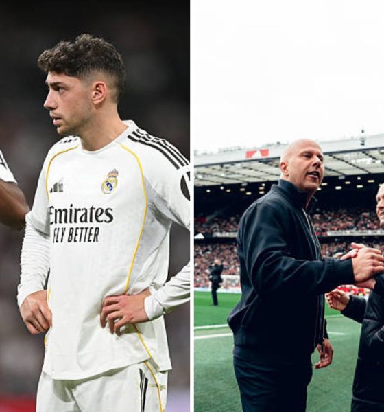 Split image featuring Federico Valverde and Aurelien Tchouameni and Arne Slot and Michael Carrick at Old Trafford.