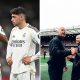 Split image featuring Federico Valverde and Aurelien Tchouameni and Arne Slot and Michael Carrick at Old Trafford.