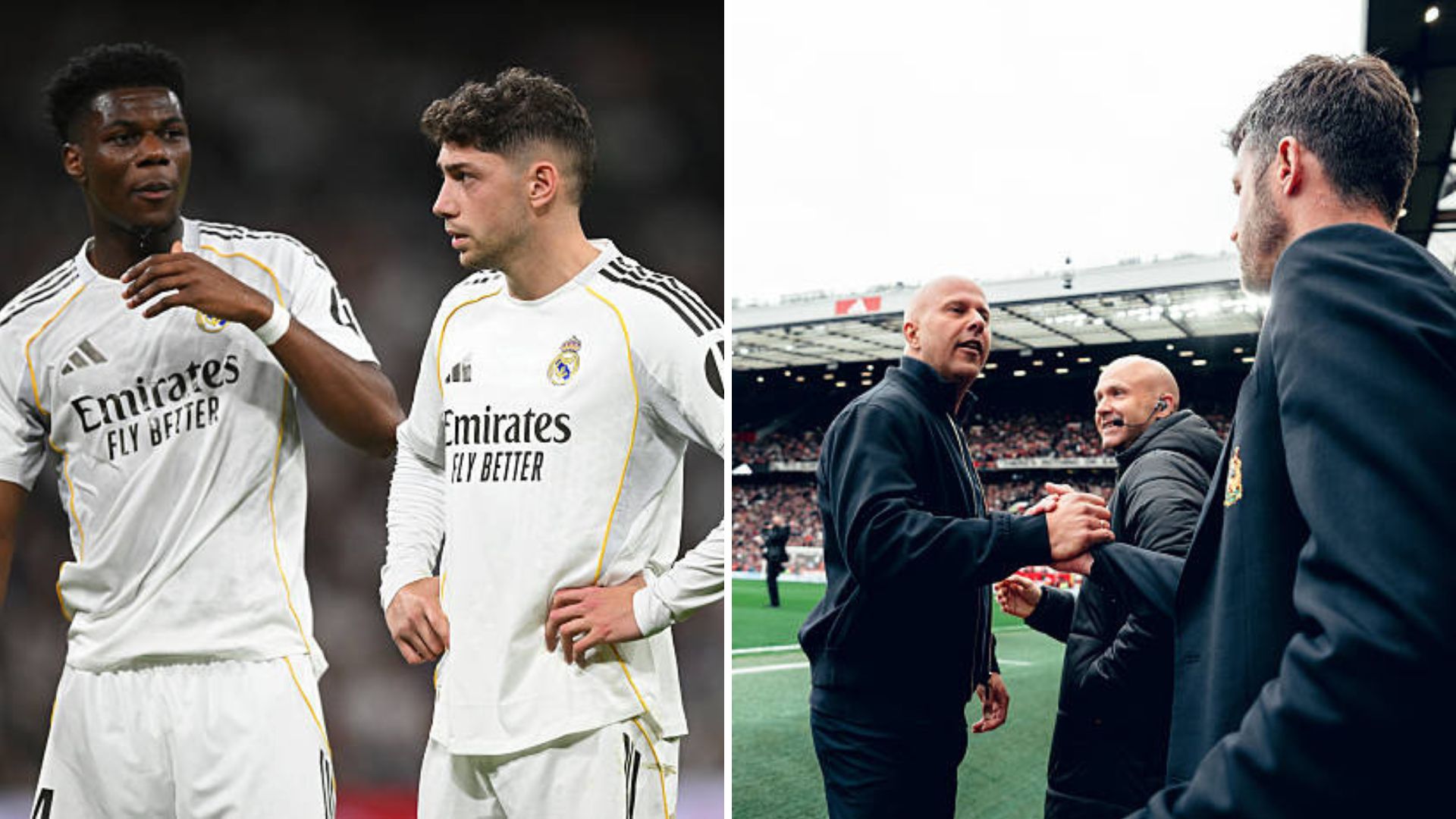 Split image featuring Federico Valverde and Aurelien Tchouameni and Arne Slot and Michael Carrick at Old Trafford.