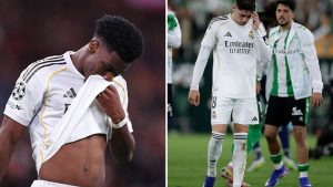 Split images featuring Federico Valverde and Aurelien Tchouameni looking dejected.