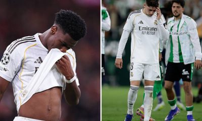 Split images featuring Federico Valverde and Aurelien Tchouameni looking dejected.