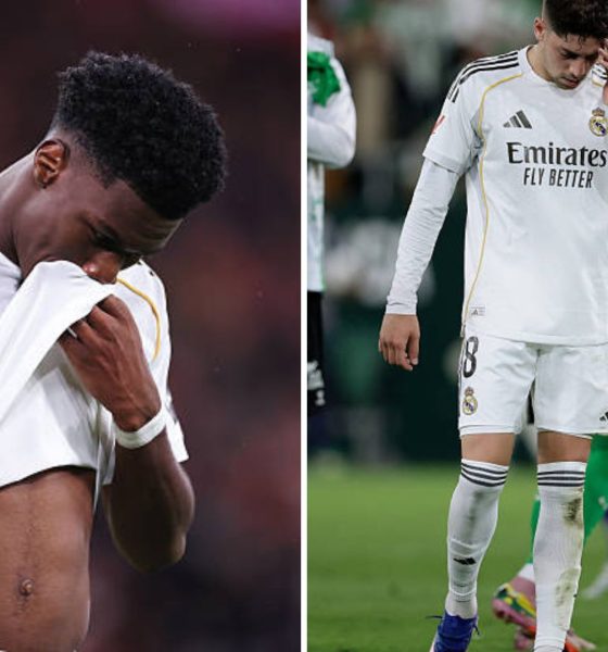 Split images featuring Federico Valverde and Aurelien Tchouameni looking dejected.