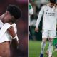 Split images featuring Federico Valverde and Aurelien Tchouameni looking dejected.