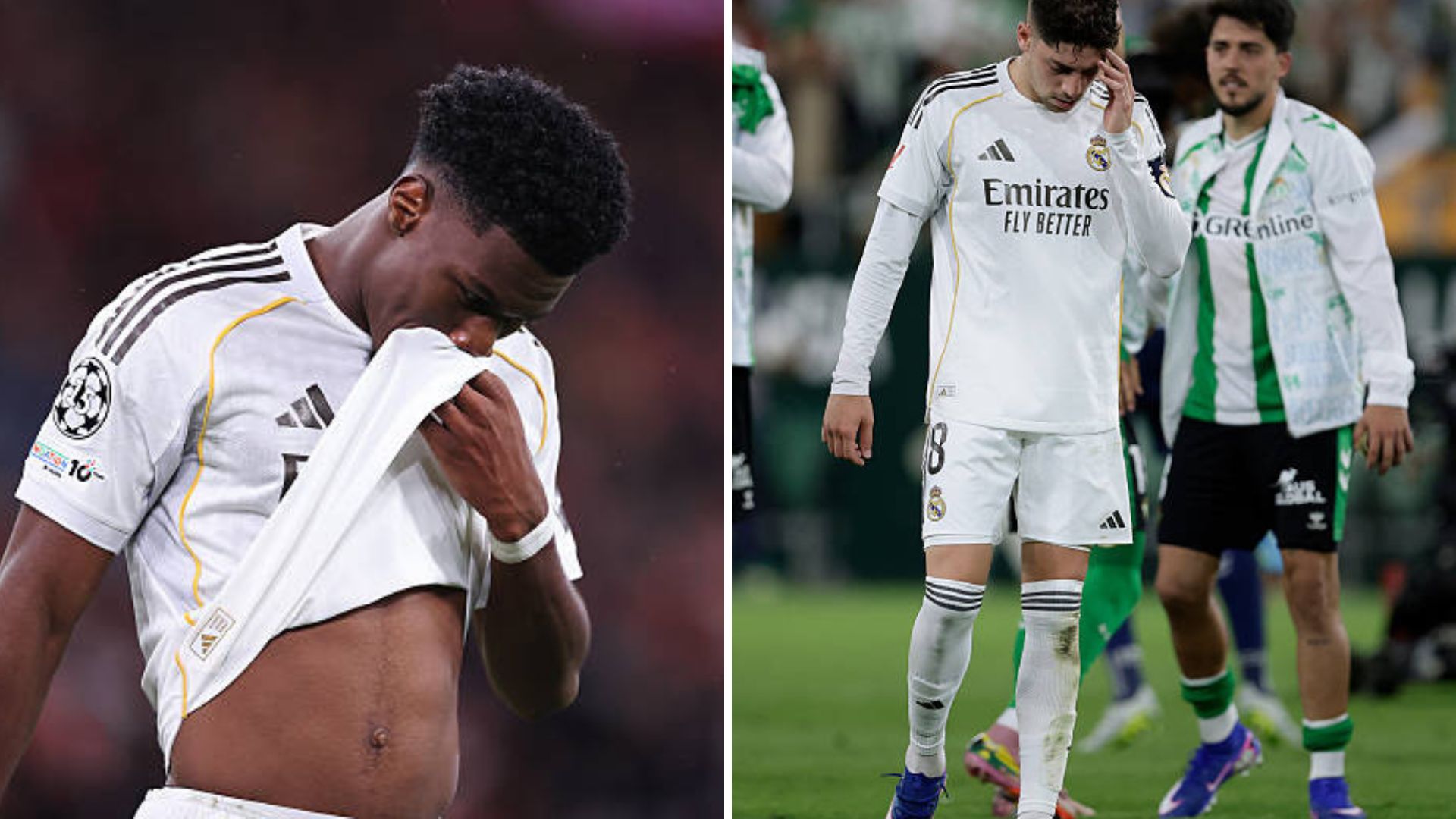 Split images featuring Federico Valverde and Aurelien Tchouameni looking dejected.