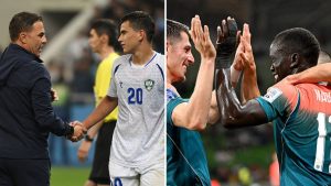 Split image featuring Uzbekistan coach Fabio Cannavaro and Curacao team celebrating.