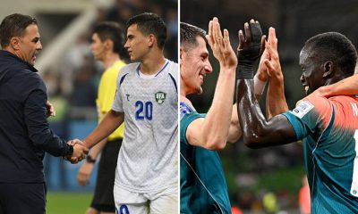 Split image featuring Uzbekistan coach Fabio Cannavaro and Curacao team celebrating.