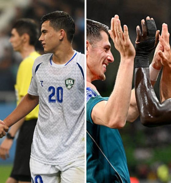 Split image featuring Uzbekistan coach Fabio Cannavaro and Curacao team celebrating.