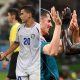 Split image featuring Uzbekistan coach Fabio Cannavaro and Curacao team celebrating.