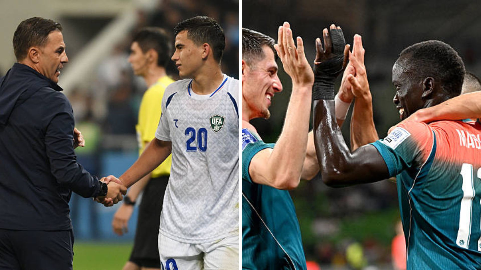 Split image featuring Uzbekistan coach Fabio Cannavaro and Curacao team celebrating.