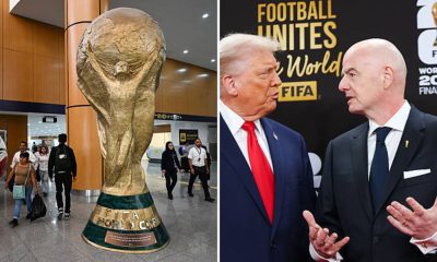 Split image featuring President Donald Trump and Gianni Infantino and the World Cup.