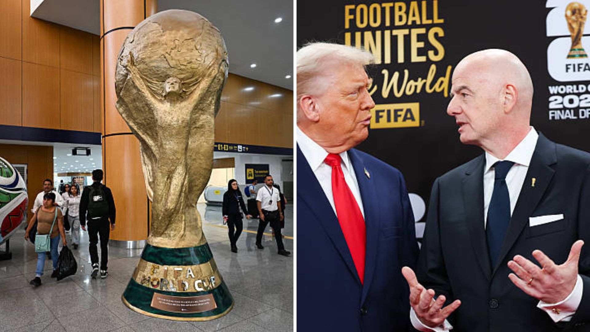 Split image featuring President Donald Trump and Gianni Infantino and the World Cup.