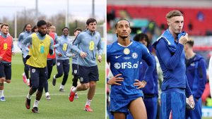 Split image featuring England squad in training and Joao Pedro along with Cole Palmer.