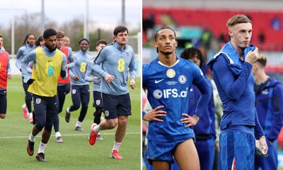 Split image featuring England squad in training and Joao Pedro along with Cole Palmer.