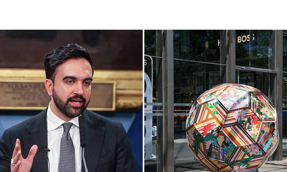 Split image featuring Zohran Mamdani and promotions for the World Cup 2026 in New York City.
