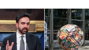 Split image featuring Zohran Mamdani and promotions for the World Cup 2026 in New York City.