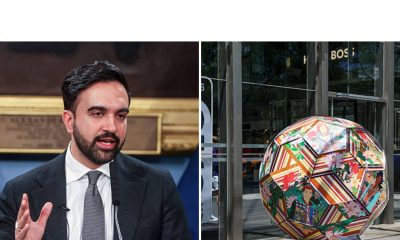 Split image featuring Zohran Mamdani and promotions for the World Cup 2026 in New York City.