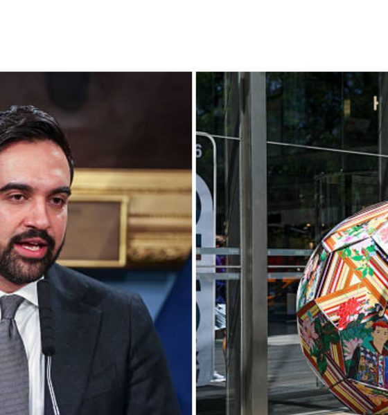 Split image featuring Zohran Mamdani and promotions for the World Cup 2026 in New York City.