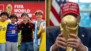 Split image featuring World Cup 2026 fans and President Donald Trump with the trophy.