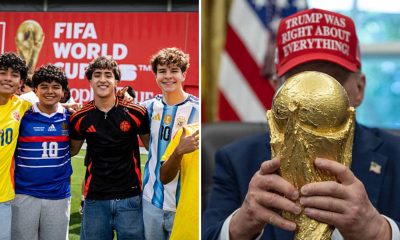 Split image featuring World Cup 2026 fans and President Donald Trump with the trophy.