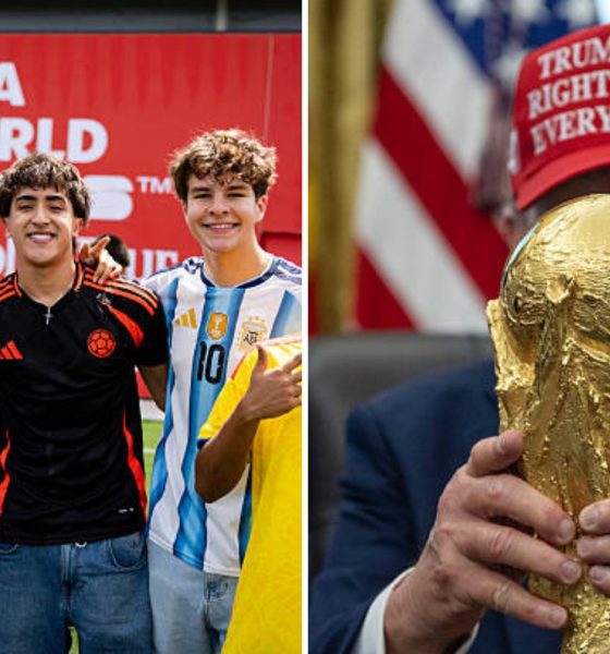 Split image featuring World Cup 2026 fans and President Donald Trump with the trophy.
