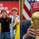 Split image featuring World Cup 2026 fans and President Donald Trump with the trophy.