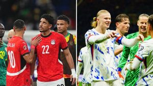 Split image featuring Mohamed Salah of Egypt and Erling Haaland of Norway.