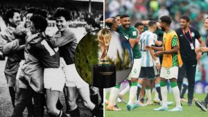Split image featuring North Korea celebrating their upset over Italy, the World Cup trophy and Saudi Arabia's upset win over Argentina.