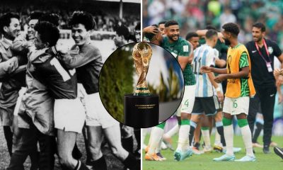 Split image featuring North Korea celebrating their upset over Italy, the World Cup trophy and Saudi Arabia's upset win over Argentina.