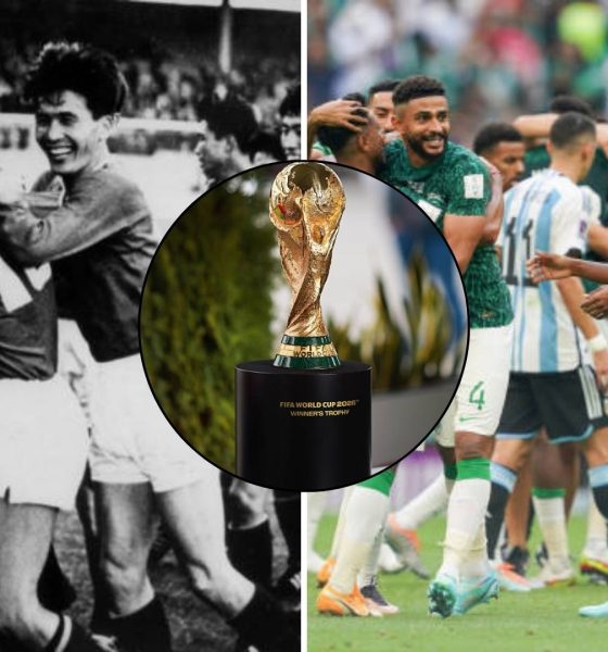 Split image featuring North Korea celebrating their upset over Italy, the World Cup trophy and Saudi Arabia's upset win over Argentina.