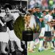 Split image featuring North Korea celebrating their upset over Italy, the World Cup trophy and Saudi Arabia's upset win over Argentina.