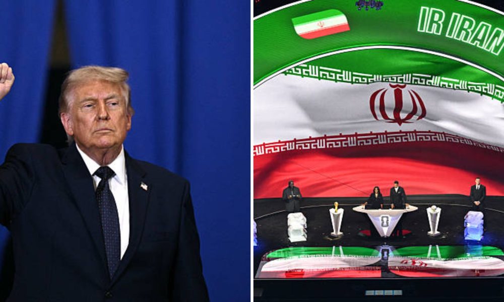 Split image featuring Donald Trump and Iran selection at the World Cup.