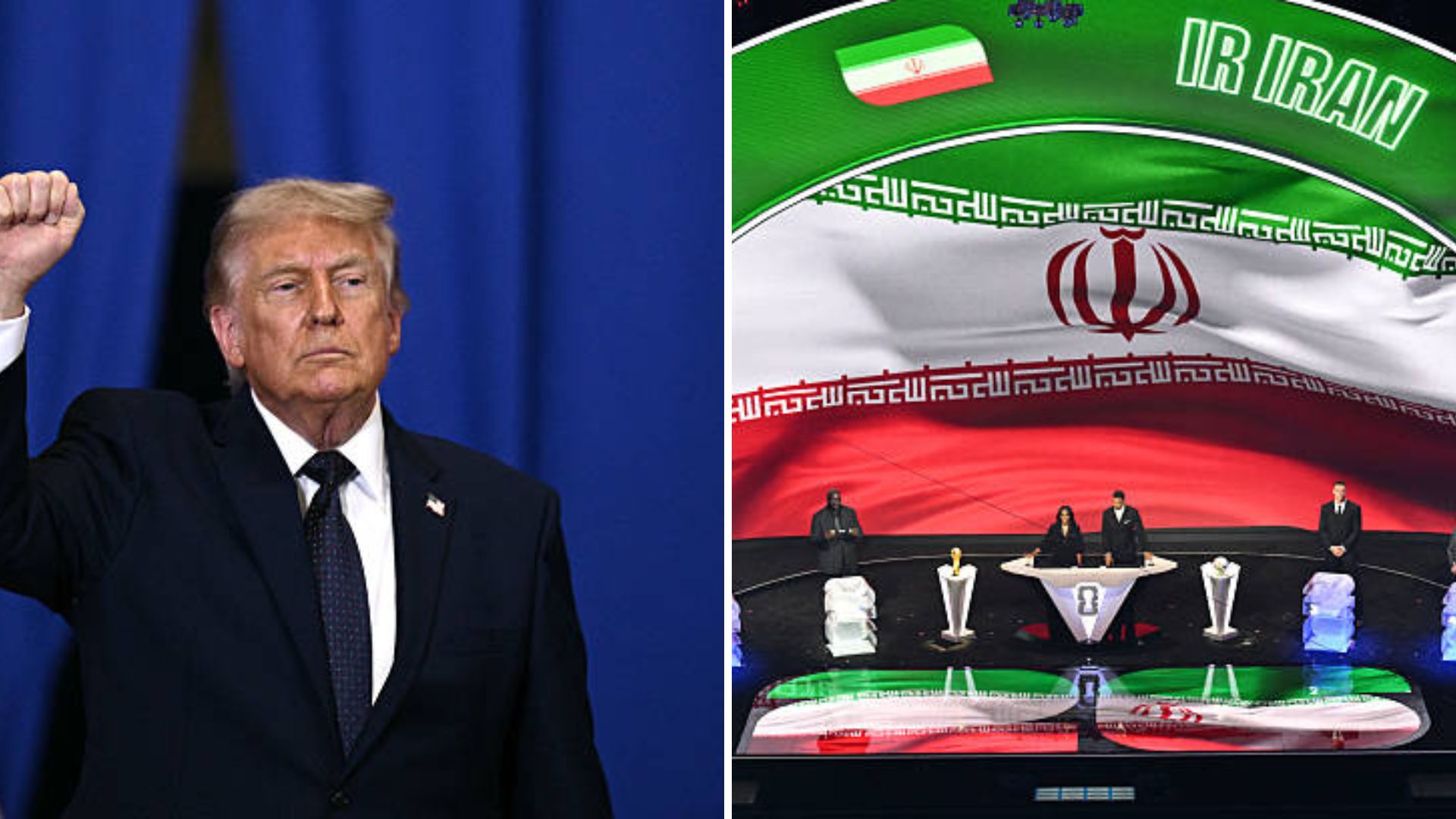 Split image featuring Donald Trump and Iran selection at the World Cup.