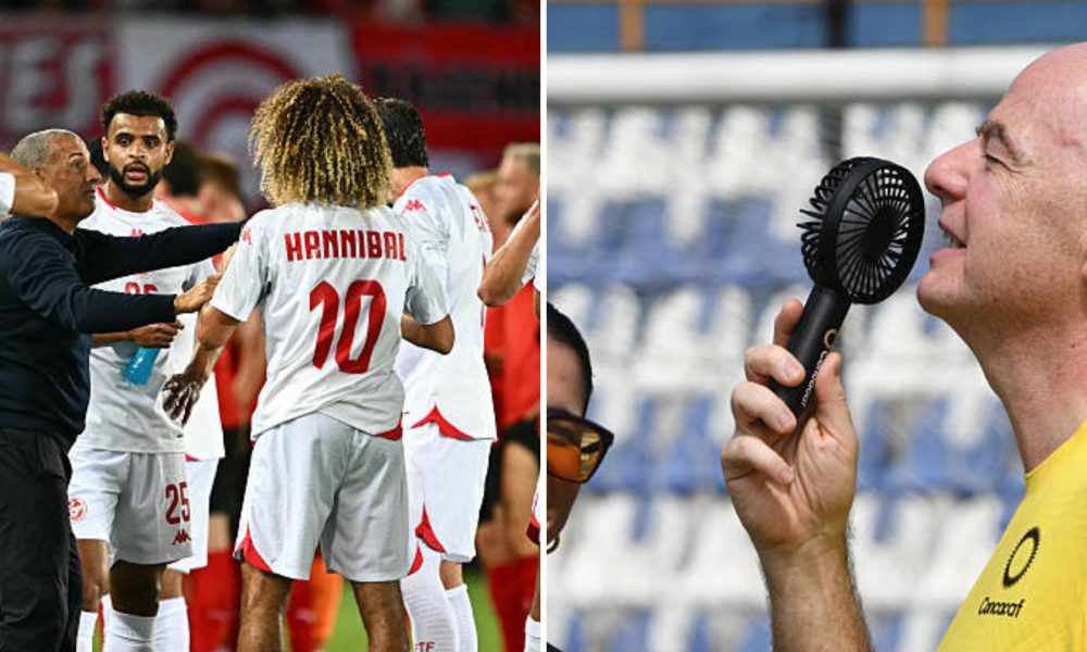Split image featuring a water break at a football match and Gianni Infantino.