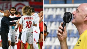 Split image featuring a water break at a football match and Gianni Infantino.