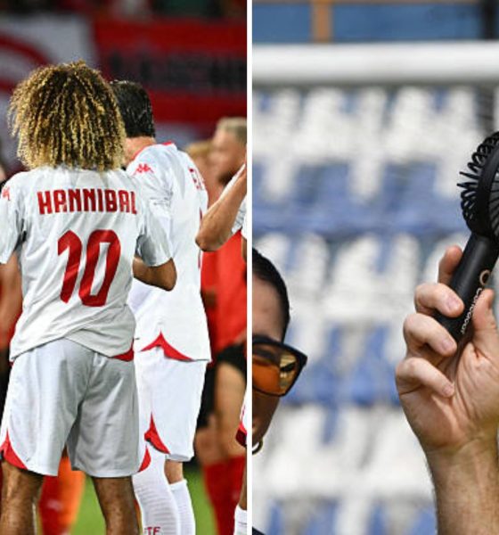 Split image featuring a water break at a football match and Gianni Infantino.