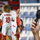 Split image featuring a water break at a football match and Gianni Infantino.
