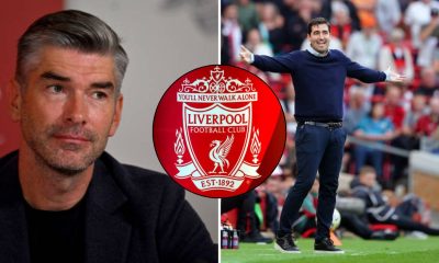 Split image featuring Richard Hughes, Andoni Iraola and the Liverpool crest.