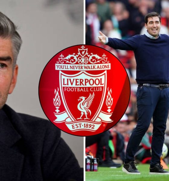 Split image featuring Richard Hughes, Andoni Iraola and the Liverpool crest.