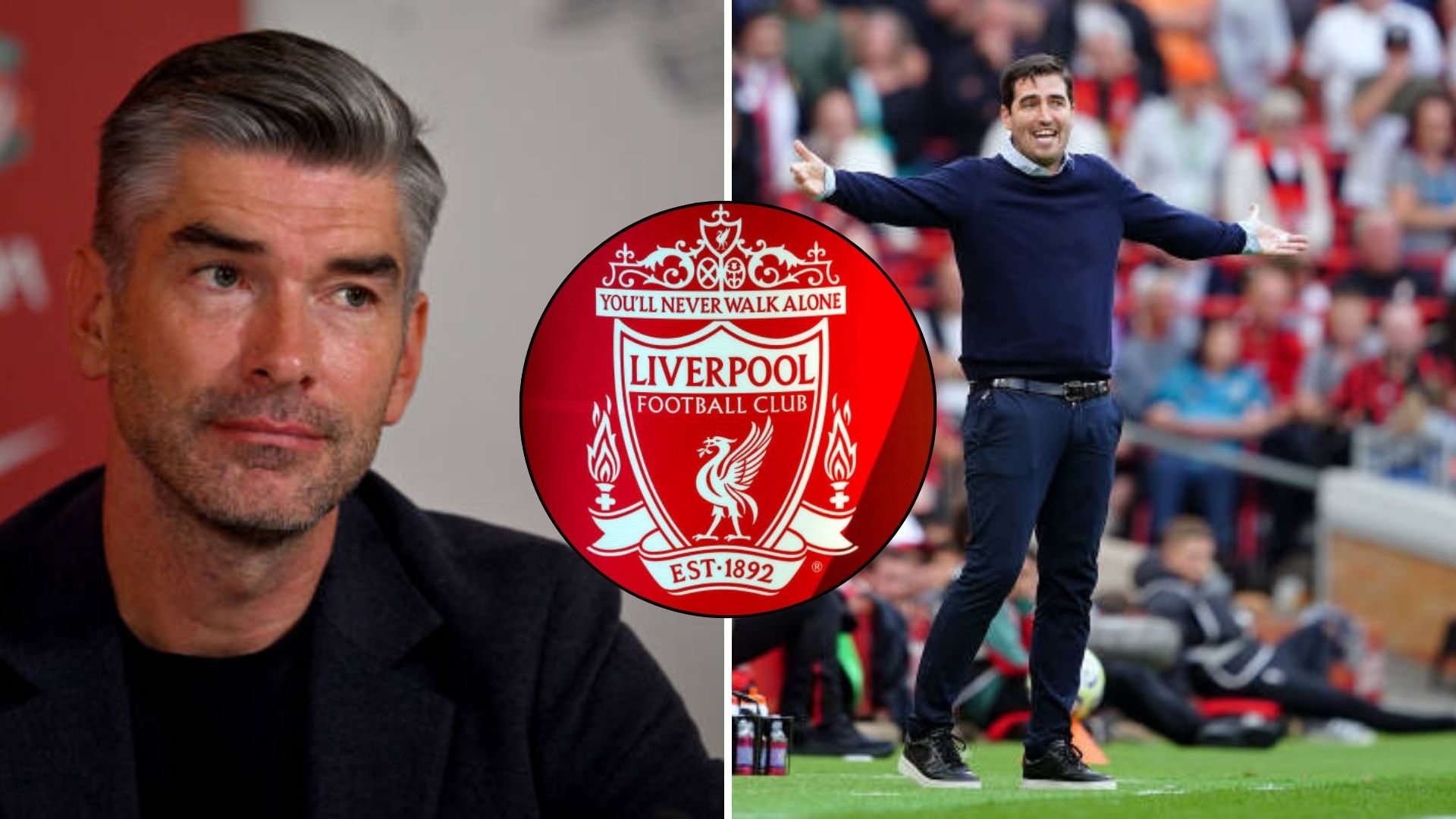 Split image featuring Richard Hughes, Andoni Iraola and the Liverpool crest.