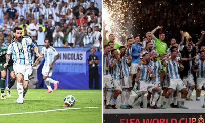 Split image featuring Lionel Messi and Argentina national squad.