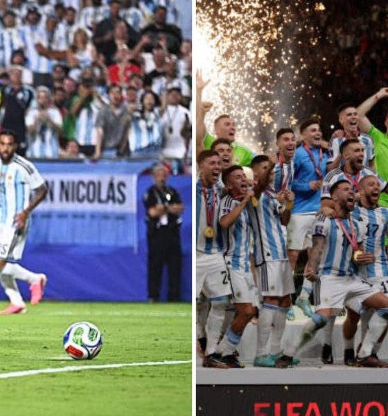 Split image featuring Lionel Messi and Argentina national squad.