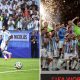 Split image featuring Lionel Messi and Argentina national squad.
