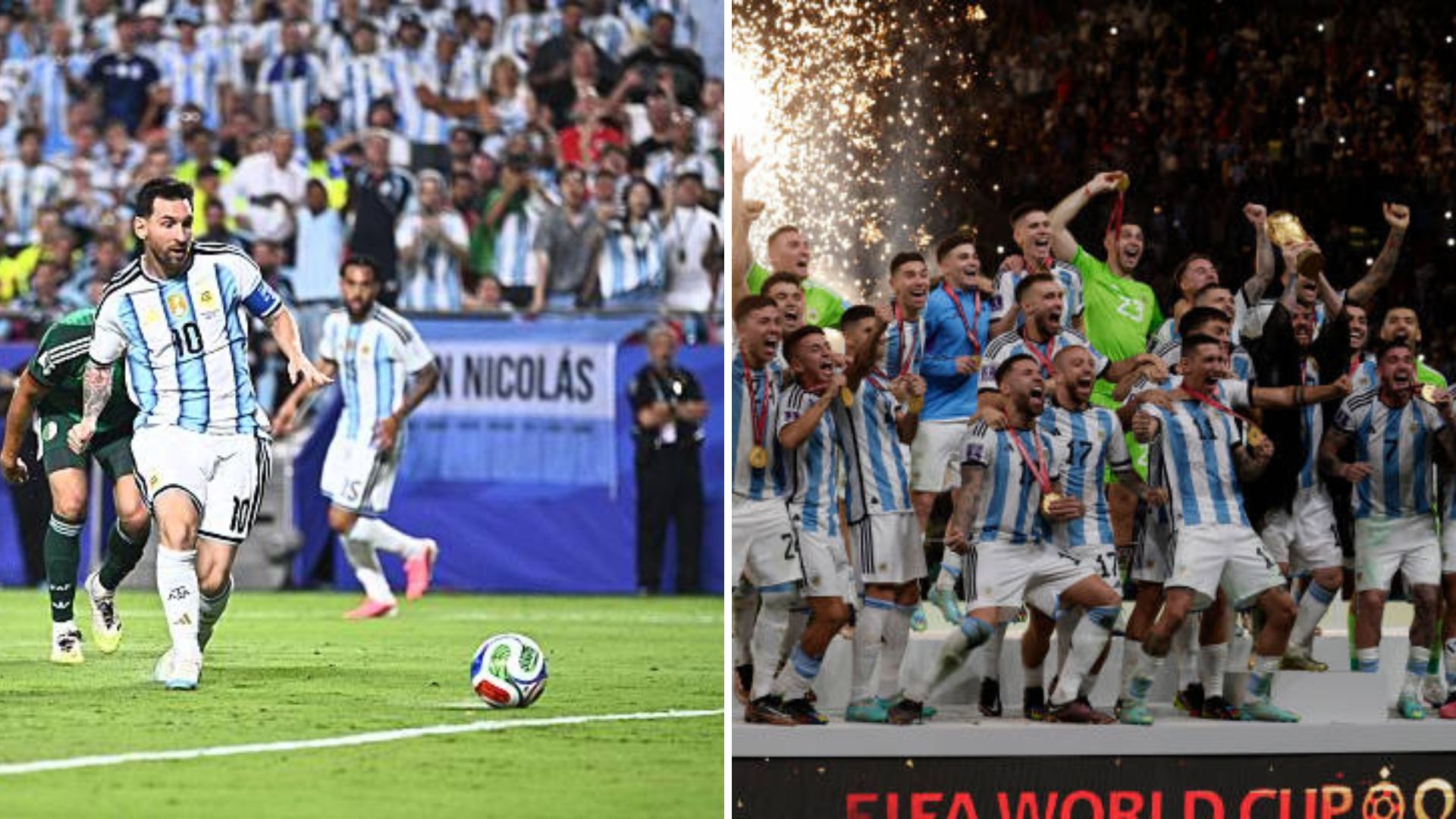 Split image featuring Lionel Messi and Argentina national squad.