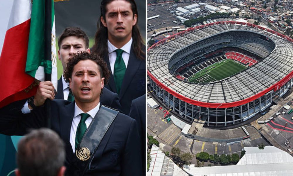 Split image featuring the Estadio Azteca and the Mexico team.