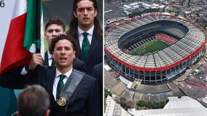 Split image featuring the Estadio Azteca and the Mexico team.